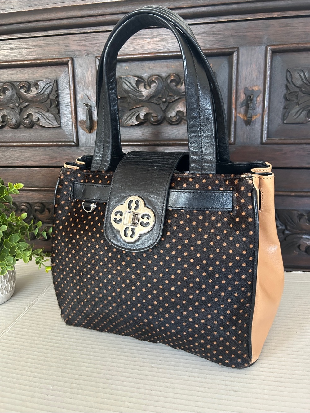 My Flat in London Black Polka Dot Satchel with Tan Panels